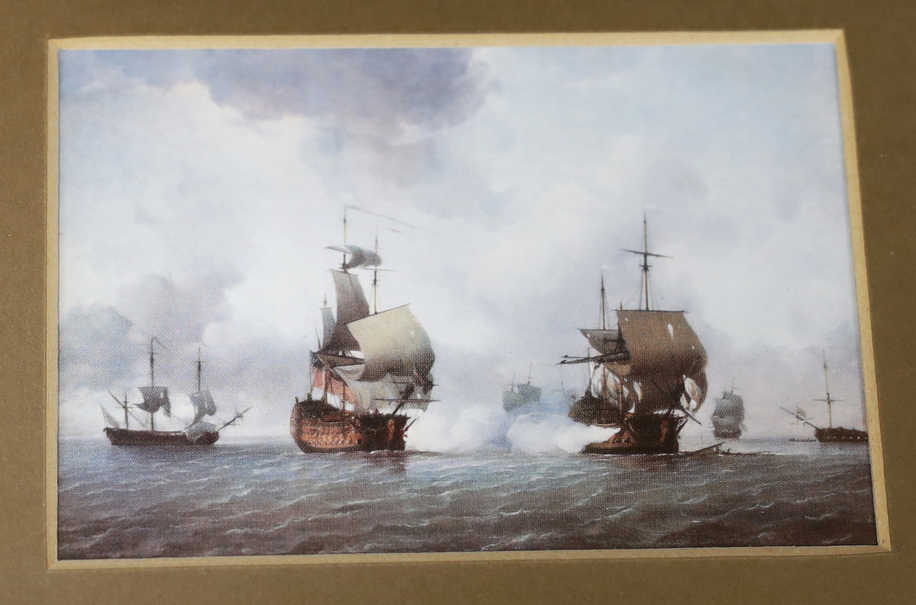 After Willem Van de Velde the younger (1633-1707), colour print, Dutch East India Fleet together with another after Charles Brooking, 8 x 11.5cm, maple framed